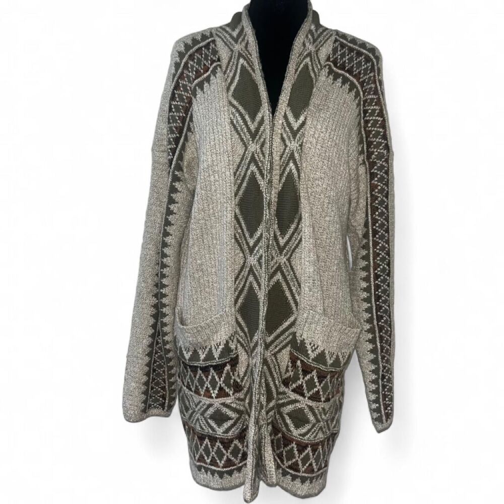 Lucky Brand Women's Green and Cream Southwestern Aztec Cardigan SZ M
